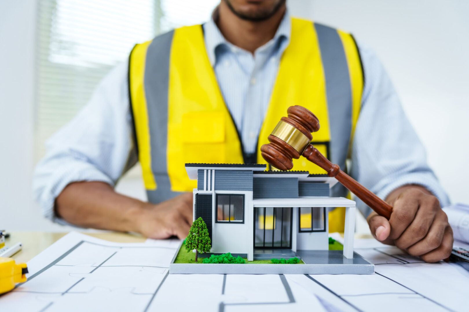 Asian male architect works at desk with house model toy and A3 paper blueprints, construction real estate law, zoning, permits, and resolving property disputes through arbitration and litigation.